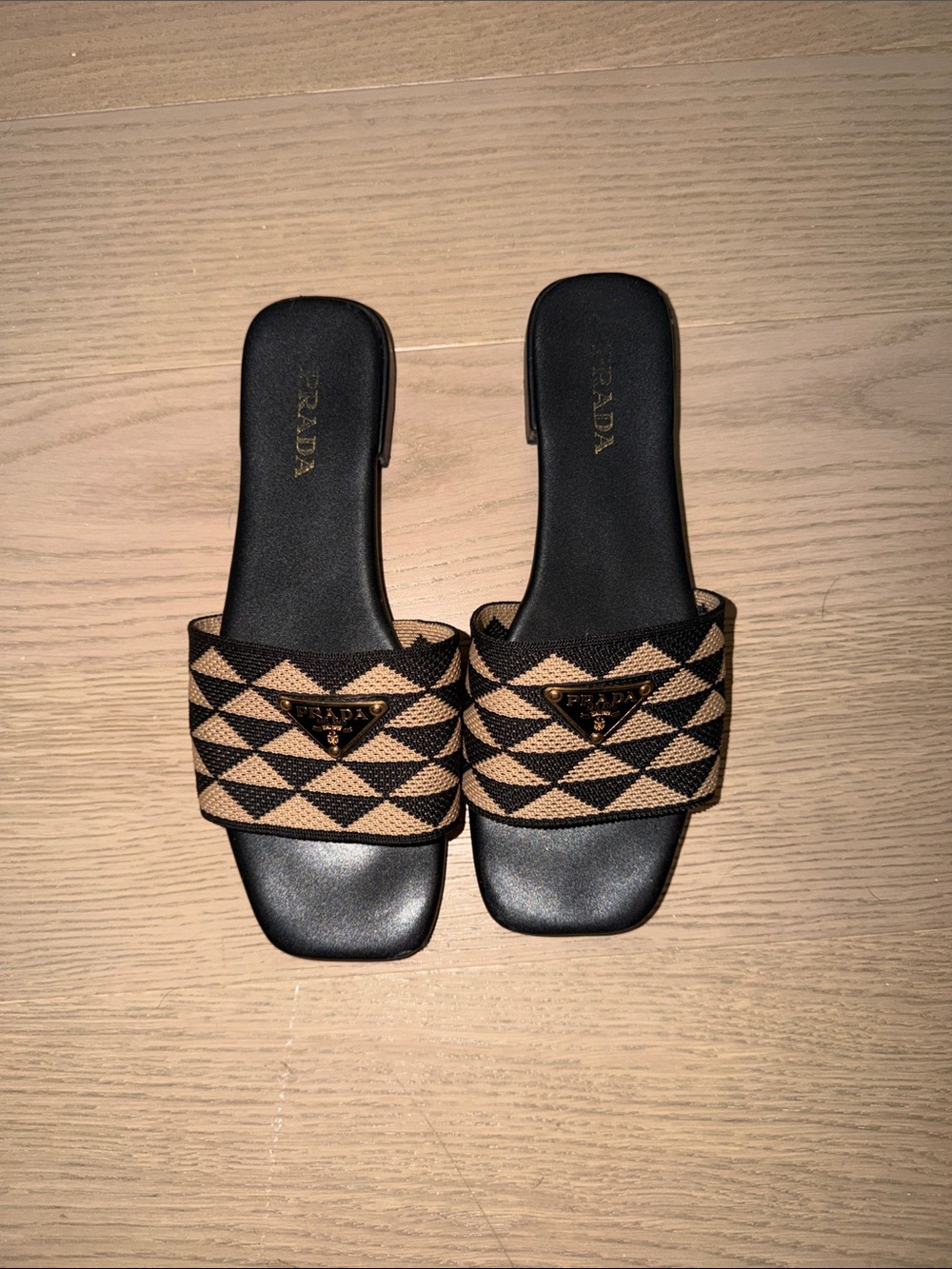 Prada Black and Tan Geometric Slide Sandals
